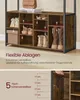 A shoe rack with multiple compartments, some of which are filled with shoes and a box. Text overlays describe features. Produktbild-Vorschau