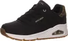 A side view of a black Skechers sneaker with white sole and leopard print accent. Voir les images du produit