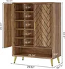 A wooden shoe cabinet with doors and shelves, shown with dimensions. Náhľad obrázku produktu