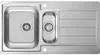 A top-down view of a stainless steel kitchen sink with two basins and a draining board. Produktbild-Vorschau