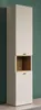 A tall, modern cabinet with an open shelf in the middle, set against a dark green wall. Produktbild-Vorschau