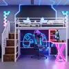 A gamer-themed bedroom with a loft bed, desk, and gaming chair, illuminated by neon lights. Produktbild-Vorschau