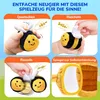 A collage of four images showing a plush bee toy and its features. Produktbild-Vorschau