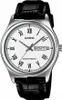 A close-up studio shot of a men's wristwatch with a white face and black leather strap. Produktbild-Vorschau