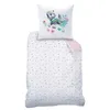 A bedding set with a pillow and duvet cover, featuring a cartoon dog character and floral patterns. Produktbild-Vorschau