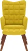 A front view of a yellow velvet armchair with a matching ottoman and wooden legs. Náhľad obrázku produktu