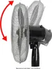 A close-up of a dual-headed oscillating fan with a red arrow indicating adjustment of tilt angle. Produktbild-Vorschau