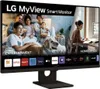 A smart monitor displaying a split screen showing a family with a dog on one side and a person working on a computer on the other, with app icons at the bottom. Produktbild-Vorschau