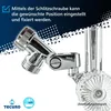 A close-up of a chrome-plated shower connector with a clear, faceted knob, set against a white background with a dark blue overlay containing text and dots. Produktbild-Vorschau