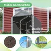 A portable storage tent for bicycles or motorcycles, shown in a yard next to a red house. The image includes close-ups of how the tent is secured to the ground. Produktbild-Vorschau
