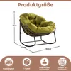 A green papasan chair with dimensions indicated by lines and text. Below the chair are icons representing load capacity, packaging, and assembly. Produktbild-Vorschau