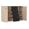 A modern sideboard with a wood-grain finish and black drawer fronts, shown against a white background. Náhľad obrázku produktu