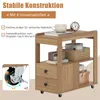 A wooden rolling cart with drawers and shelves, featuring text overlays highlighting its features. Produktbild-Vorschau