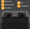 Close-up of the top of a black electric heater, showing control knobs and indicator lights, with feature icons and text in the background. Produktbild-Vorschau