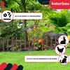 A garden scene with a small wooden fence, flowers, and greenery. Icons indicate protection from animals. Produktbild-Vorschau