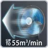 A fan is shown with an arrow indicating airflow, and text indicating its performance. Produktbild-Vorschau