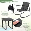 A set of outdoor furniture, including a rocking chair and a side table, with close-up views highlighting material quality and ease of cleaning. Podgląd zdjęcia produktu