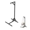 A black metal stand for a hanging chair, shown in two sizes. The larger stand is in the foreground, and a smaller stand with a hanging chair is in the background. Podgląd zdjęcia produktu
