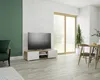 A modern living room with a TV stand, a large window, and dining furniture. Produktbild-Vorschau