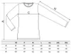 A diagram of a long-sleeved shirt with measurement lines and a table of sizes and measurements. Produktbild-Vorschau