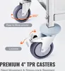 Close-up of a caster wheel with text overlays highlighting features. Voir les images du produit