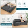 A collage of images showing a modular sofa bed in different configurations and a woman relaxing on it. Náhled obrázku produktu