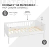 A white children's bed with wooden slats, shown from a diagonal angle. Text overlays highlight material quality and assembly. Produktbild-Vorschau