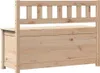 A close-up, straight-on view of a wooden storage bench with a slatted backrest, set against a white background. Podgląd zdjęcia produktu