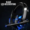 A close-up marketing shot of a gaming headset with blue LED lights. Produktbild-Vorschau