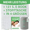 A white comforter is shown with promotional text and a book and a gray storage bag. Produktbild-Vorschau