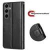 A black leather flip case for a Samsung Galaxy S24 phone, shown from the front and with a close-up of the magnetic closure. Produktbild-Vorschau