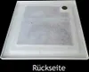 The back of a white square shower tray with a dark circular drain hole in the top right corner. Produktbild-Vorschau