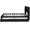 A black upholstered bed frame with wooden slats and two open drawers, shown from the side against a white background. Anteprima dell’immagine prodotto
