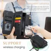 A person is using a wallet-style phone case to pay with a card at a terminal, with text overlays highlighting features. Produktbild-Vorschau