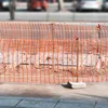 An orange plastic safety fence is set up on a sidewalk next to a construction site. Náhled obrázku produktu