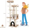 A diagram of a cat tree with dimensions and a person for scale, along with a cat on the person's shoulder and a dog at their feet. Produktbild-Vorschau