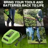 Collage of images showing Greenworks gardening tools and a battery charger. Produktbild-Vorschau