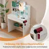 A white vanity table with a mirror and lights, decorated with various beauty products and a hairdryer holder. The image is overlaid with text and a circular inset showing a close-up of the hairdryer holder and a power strip. Produktbild-Vorschau