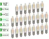 A collection of LED filament light bulbs arranged in rows against a white background, with informational text boxes on the left. Produktbild-Vorschau