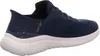 A side view of a blue Skechers slip-on sneaker with a white sole. Náhľad obrázku produktu