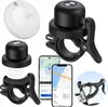A collage of product images showing a bicycle bell with tracking capabilities, a separate tracking device, and screenshots of a mobile app, along with a close-up of the bell attached to a bicycle handlebar. Podgląd zdjęcia produktu