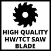 A graphic illustrating a saw blade with text describing its quality. Produktbild-Vorschau