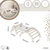 A diagram showing a wooden indoor climbing structure with dimensions and icons. Produktbild-Vorschau