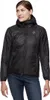 Dame trägt den W Vision Hybrid Hoody von Black Diamond; eine schwarze Isolationsjacke; mit Kapuze und Reißverschluss.