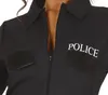 Close-up of a woman wearing a black police costume, showing the collar, zipper, and a pocket with the word "POLICE" printed on it. Anteprima dell’immagine prodotto