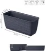 A collage showing a dark gray rectangular planter with a woven texture and its dimensions, along with smaller examples of the same planter in different sizes. Voir les images du produit