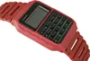 A close-up, angled shot of a red Casio calculator watch against a white background. Náhled obrázku produktu