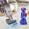 A close-up shot of a vacuum cleaner attachment and a Dyson vacuum cleaner, with text overlay highlighting a feature. Produktbild-Vorschau