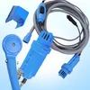 A blue camping shower with a pump and a car adapter is laid out against a light blue gradient background. Produktbild-Vorschau