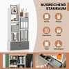 A white bookshelf with multiple compartments and a gray drawer, shown with various items like books, binders, and decorative objects. The image also includes text and icons highlighting storage capacity and potential uses. Produktbild-Vorschau